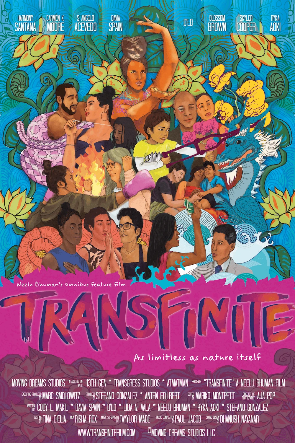 Transfinite film poster featuring the ensemble cast surrounded by vivid flowers, waves, and a blue dragon